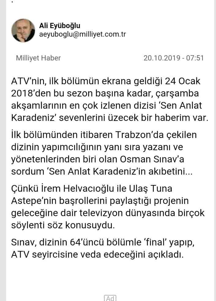 Sen Anlat Karadeniz final haberi milliyet gazetesi haberi