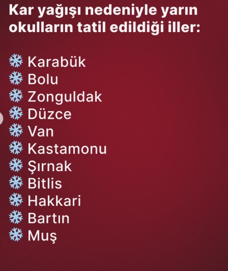 30 Aralık Salı Okulları Kar tatili olan il ilçeler